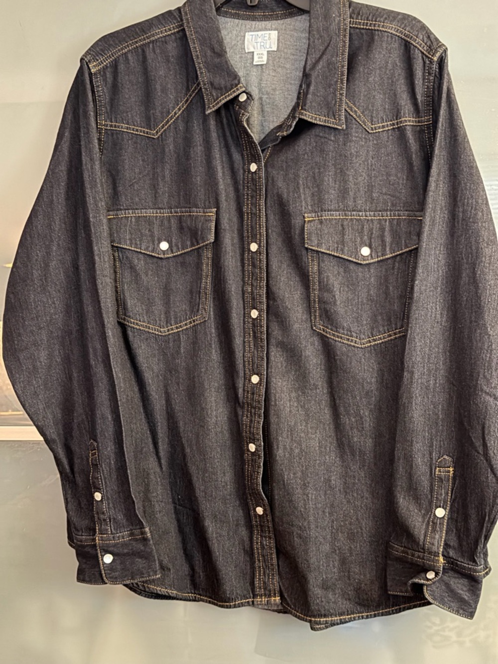 Time and Tru Dark Denim Button-Down Western Shirt